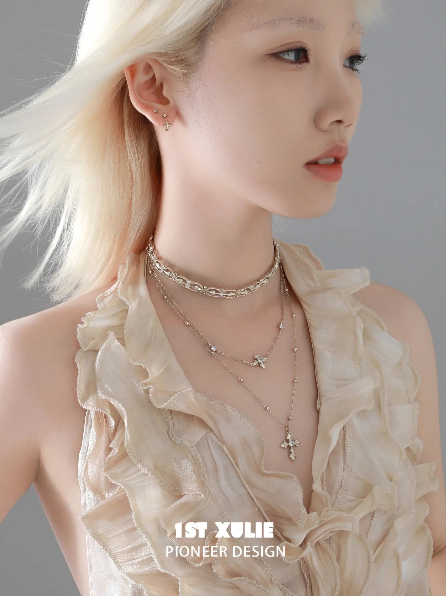 1ST XULIE Jewelry "Bastet" Zirconia Iris Floral Stud Earrings in 18K Gold Plated Brass - On Model