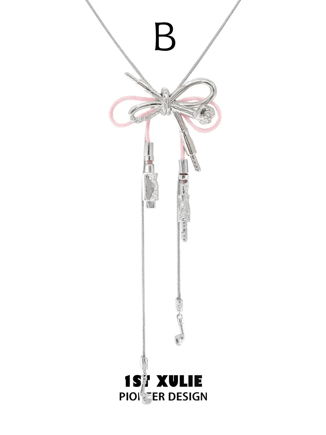 "MILLENNIUM SIGNAL" Rhodium Plated Y2K Bow Headphone Statement Pendant Necklace - Image 14