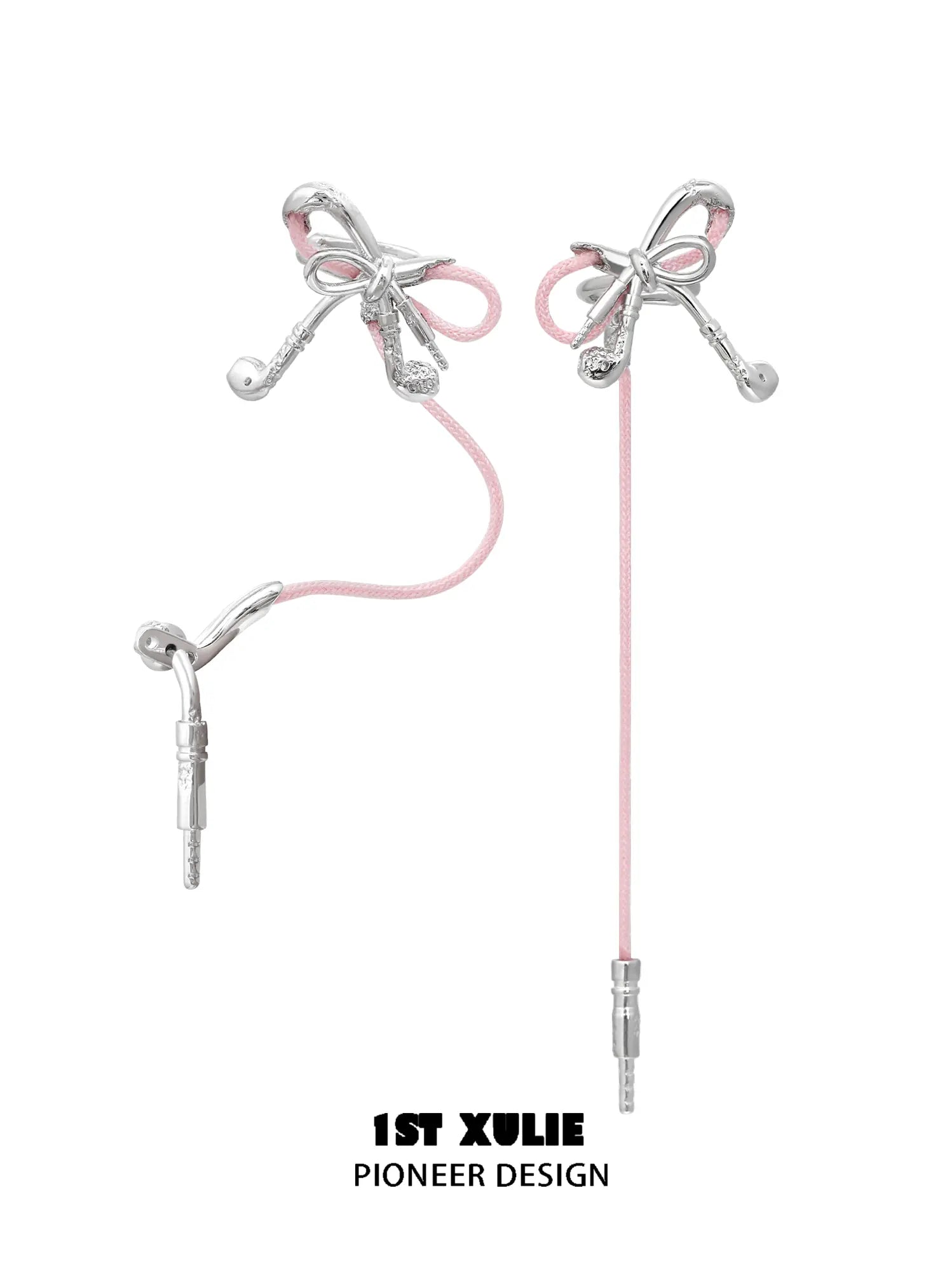 "MILLENNIUM SIGNAL" Platinum Plated Y2K Earphone Bow Ear Cuffs, Asymmetrical Statement Earrings - Image 13