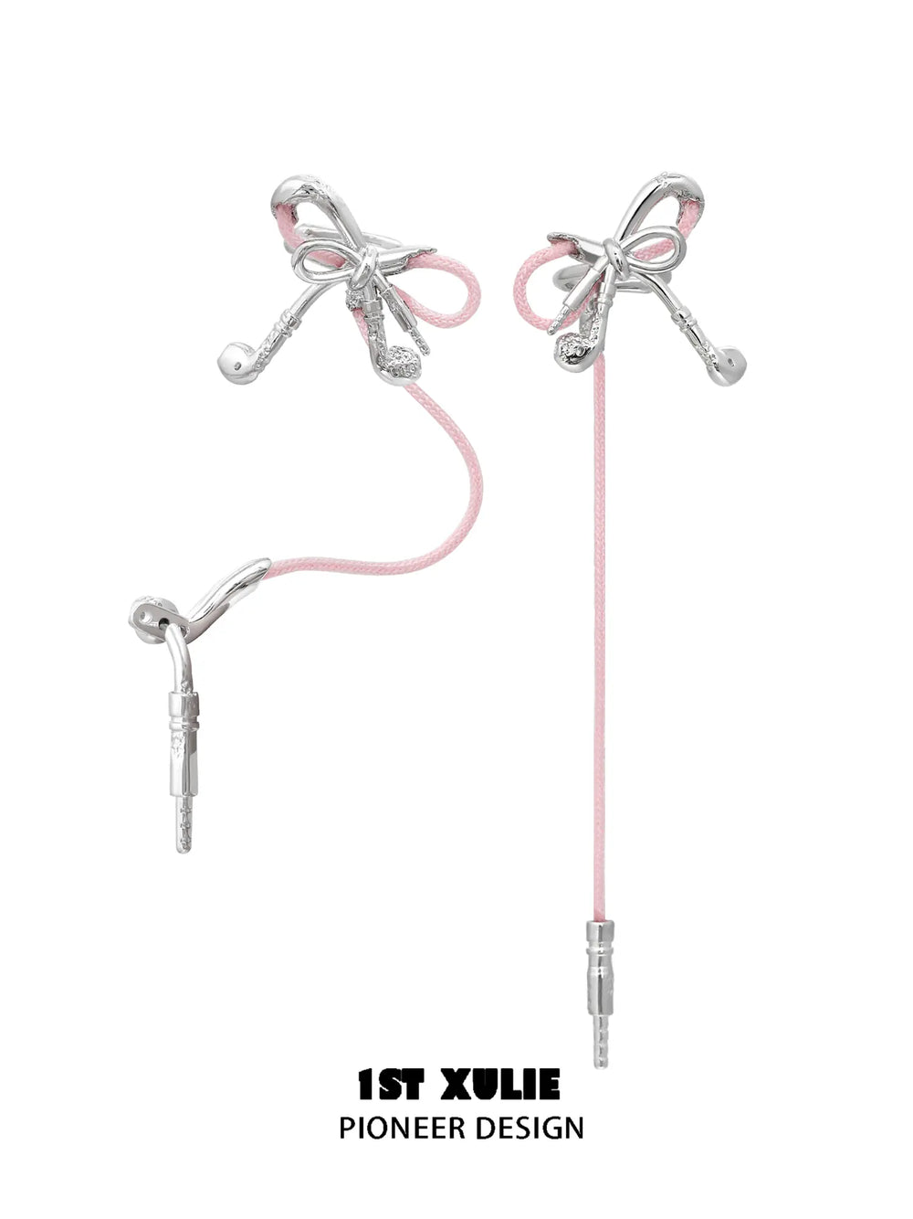 "MILLENNIUM SIGNAL" Platinum Plated Y2K Earphone Bow Ear Cuffs, Asymmetrical Statement Earrings - Image 13