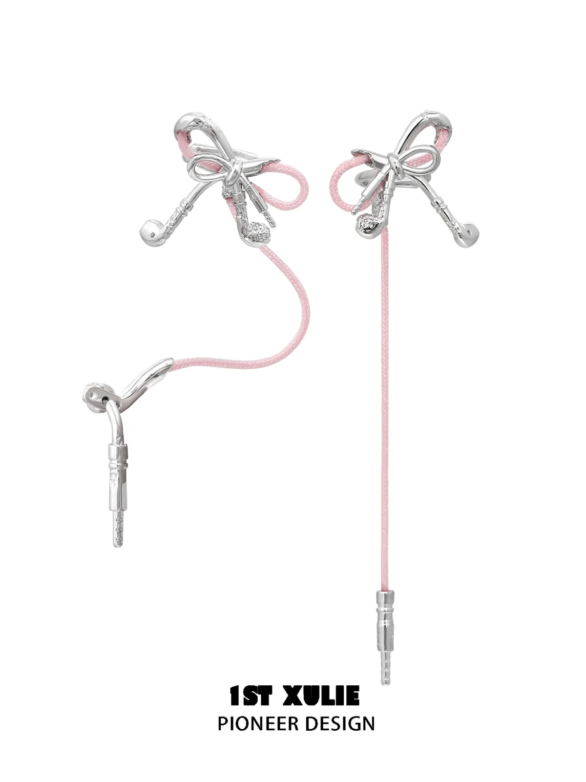 "MILLENNIUM SIGNAL" Platinum Plated Y2K Earphone Bow Ear Cuffs, Asymmetrical Statement Earrings - Image 13