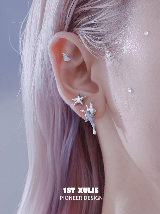 ATLANTIS 925 Sterling Silver Starfish ＆ Conch Stud Earrings™