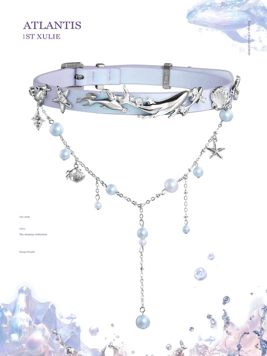 ATLANTIS Pears ＆ Leather Pull-Adjustable Whale Pendant Choker Necklace™