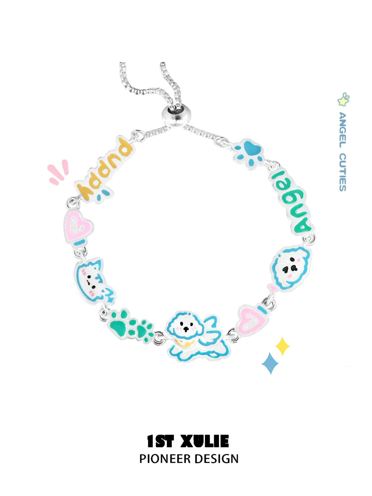 エンジェルキューティーズ 18Kプラチナメッキ 子猫＆子犬 手描きカラフル樹脂ブレスレット™