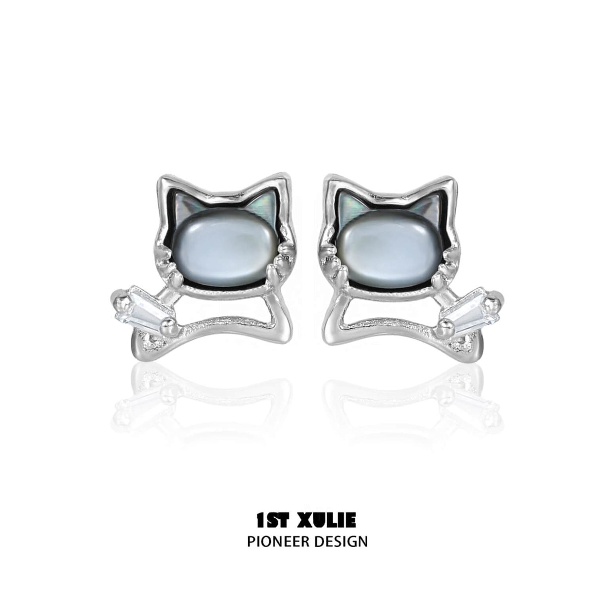 Cat's Gaze S925 18K Platinum Plated Black ＆ Gray Kitty Earrings A™