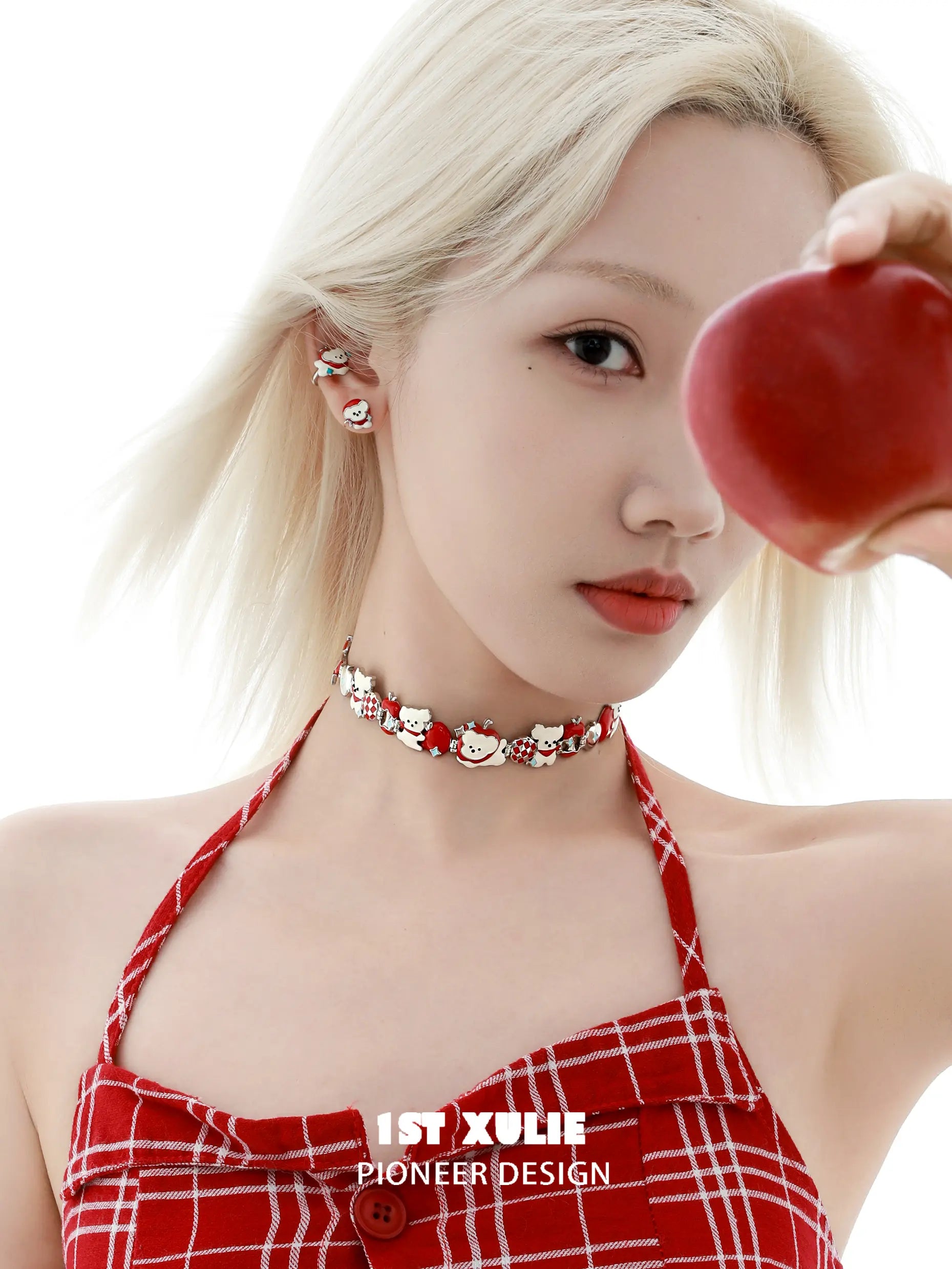 큐티즈 애플랜드 티타늄 스틸 키튼&amp;퍼피 애플 쿠반 체인 초커 목걸이™