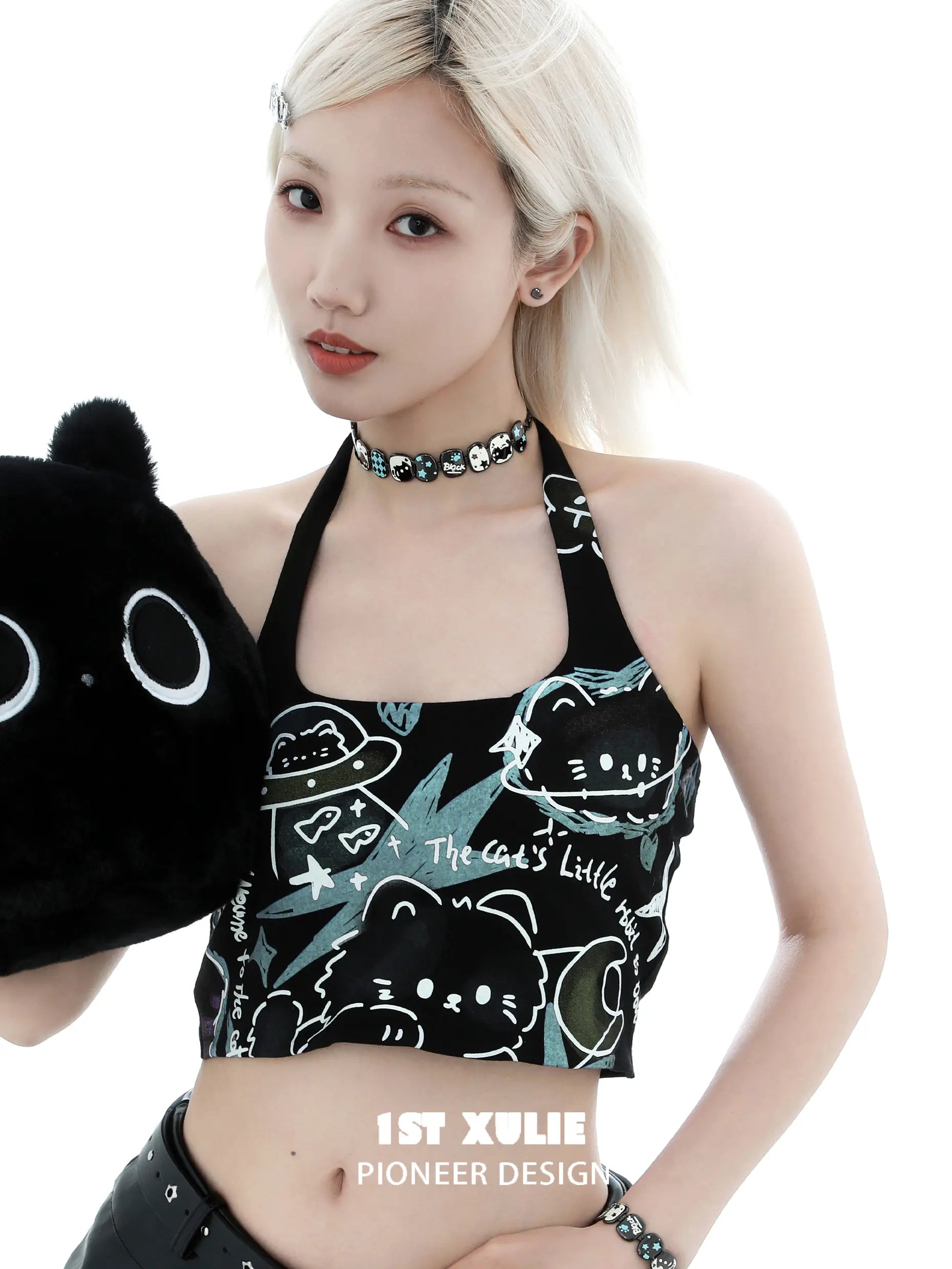 고스트 블랙 캣 18K 플래티넘 도금 장난기 넘치는 고양이 초커 목걸이™
