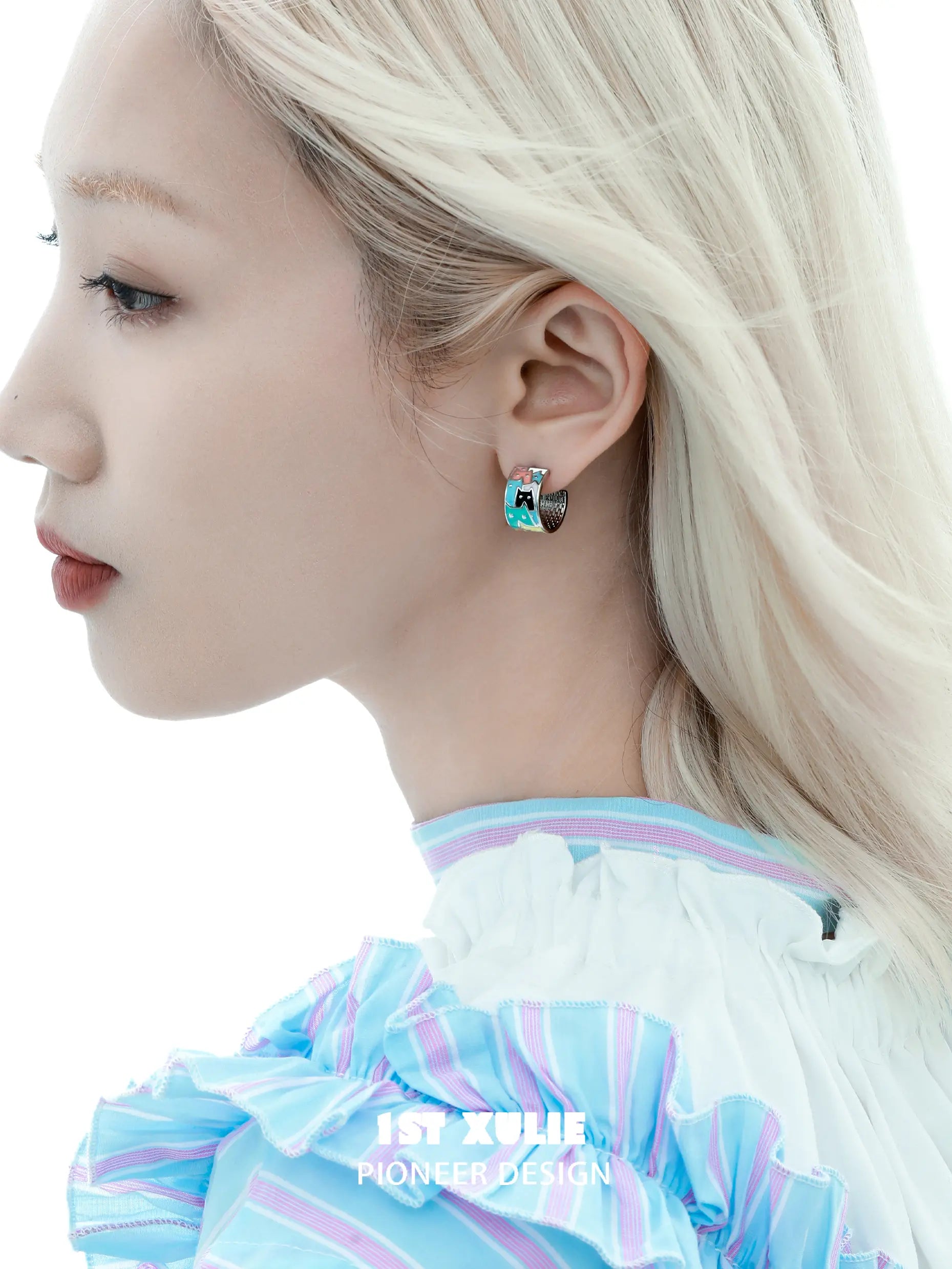 고스트 블랙캣 18k 플래티넘 도금 컬러풀 드립 925 스터드 귀걸이™