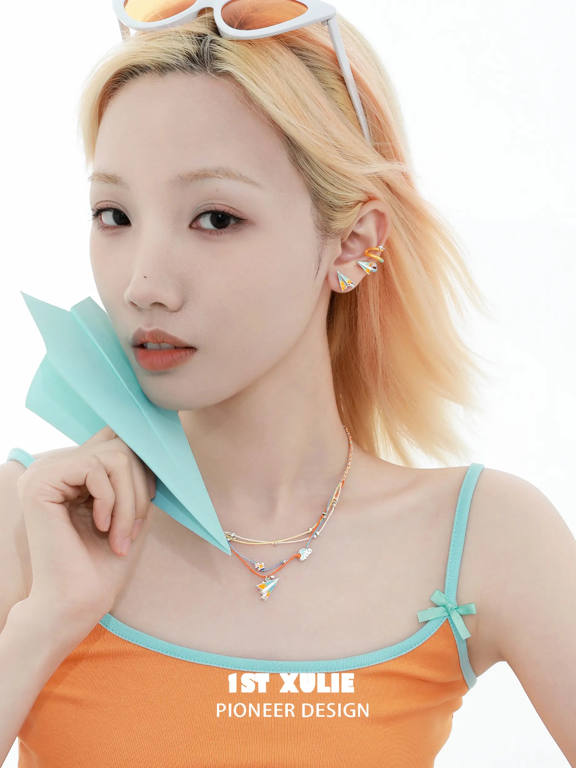 Juicy Flight 18K 플래티넘 도금 오렌지 바다 종이 비행기 스터드 귀걸이/귀걸이 세트™