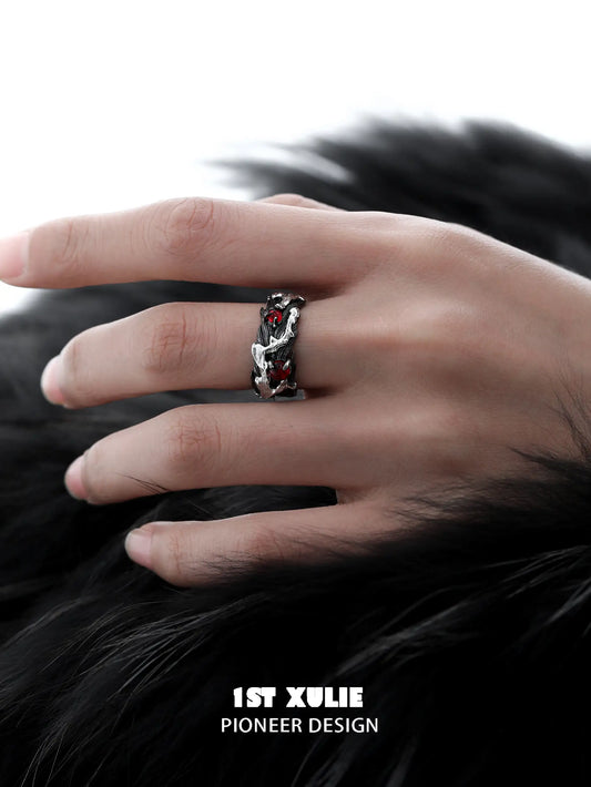 Lucifer Red Crystal 925 Sterling Silver 18K Black Gold Feather Ring™