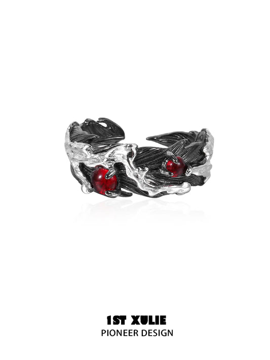 Lucifer Red Crystal 925 Sterling Silver 18K Black Gold Feather Ring™
