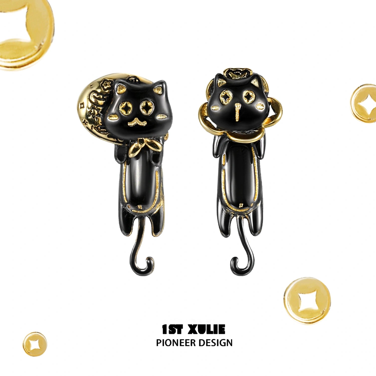 Lucky Cat 18K 골드 도금 블랙 캣 스터드 귀걸이™