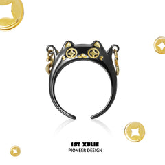 Lucky Cat S925 Sterling Silver 18K Gold Plated Cat Open-End Ring A™