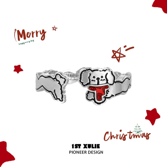 MERRY CHRISTMAS 2024 Christmas Graffiti Puppy S925 Sterling Silver Adjustable Open-End Rings™