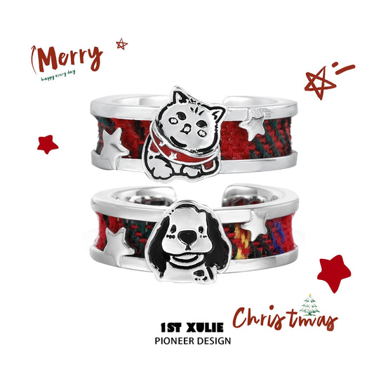 MERRY CHRISTMAS 2024 Christmas Kitten ＆ Puppy S925 Sterling Silver Adjustable Tartan Rings™