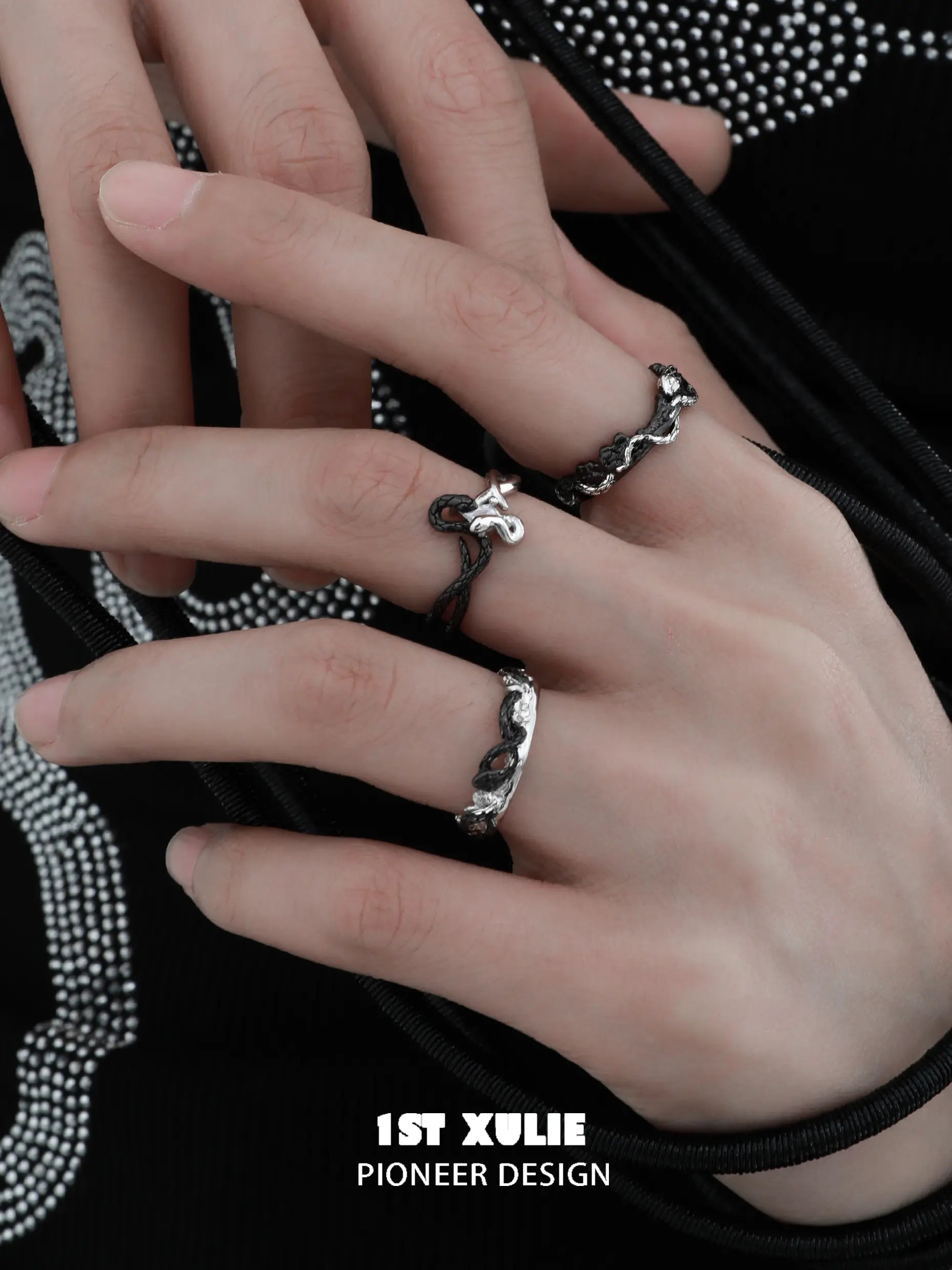 Snake Bite White × Black Serpent 925 Sterling Silver Adjustable Couple's Ring™