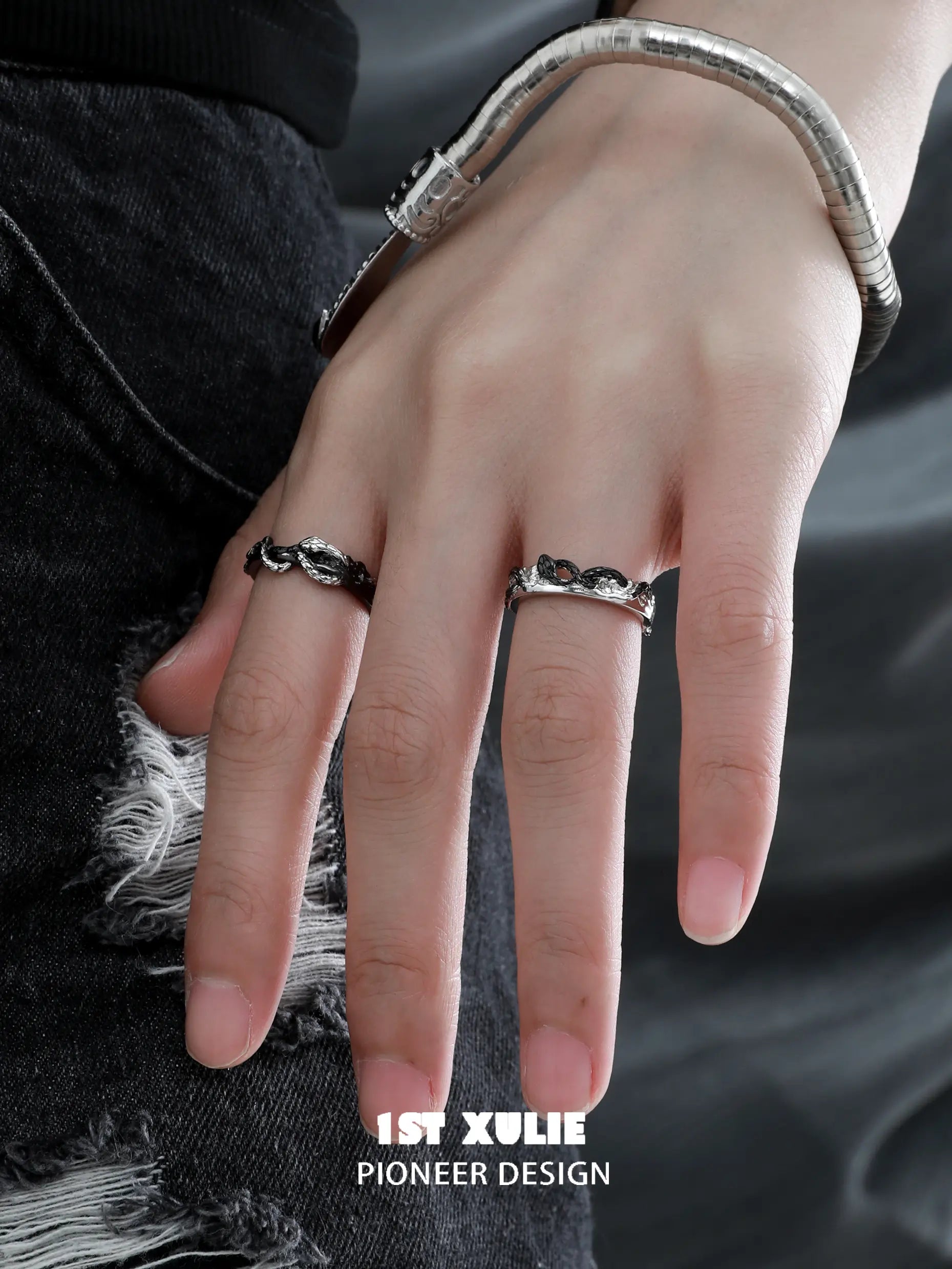 Snake Bite White × Black Serpent 925 Sterling Silver Adjustable Couple's Ring™