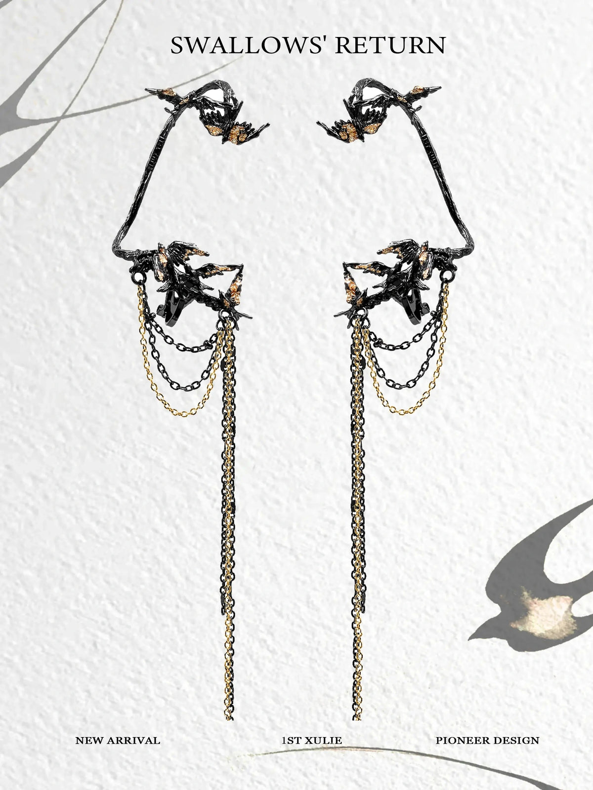 Swallow's Return 18K Black Gold Plated & Gold Leaf Swallow Ear Hook Ear Clips™