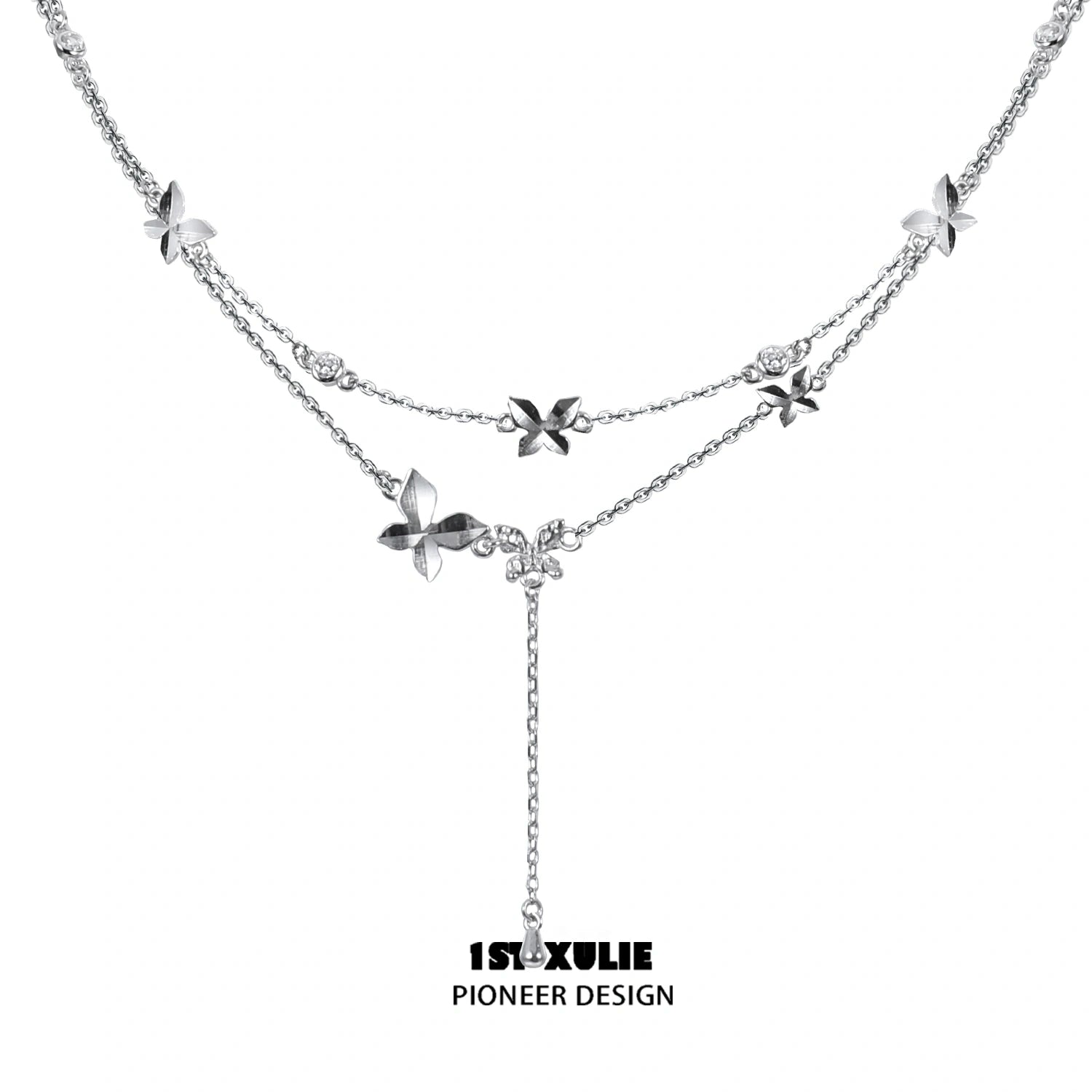 화이트플라이 S925 스털링 실버 버터플라이 더블 레이어 체인 초커 목걸이™