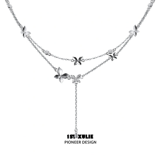 Whiterfly S925 Sterling Silver Butterfly Double Layer Chain Choker Necklaces™