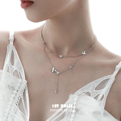 Whiterfly S925 Sterling Silver Butterfly Double Layer Chain Choker Necklaces™