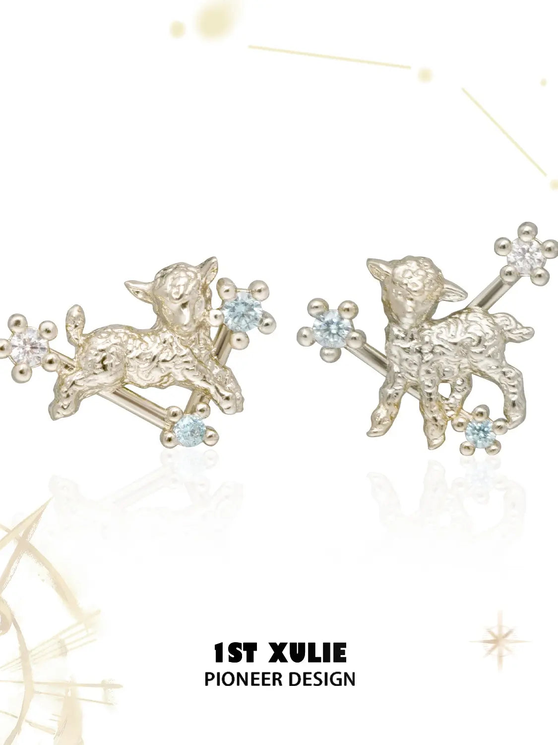 Miniature gold-toned ram stud earrings showing the ornamental details and overall silhouette
