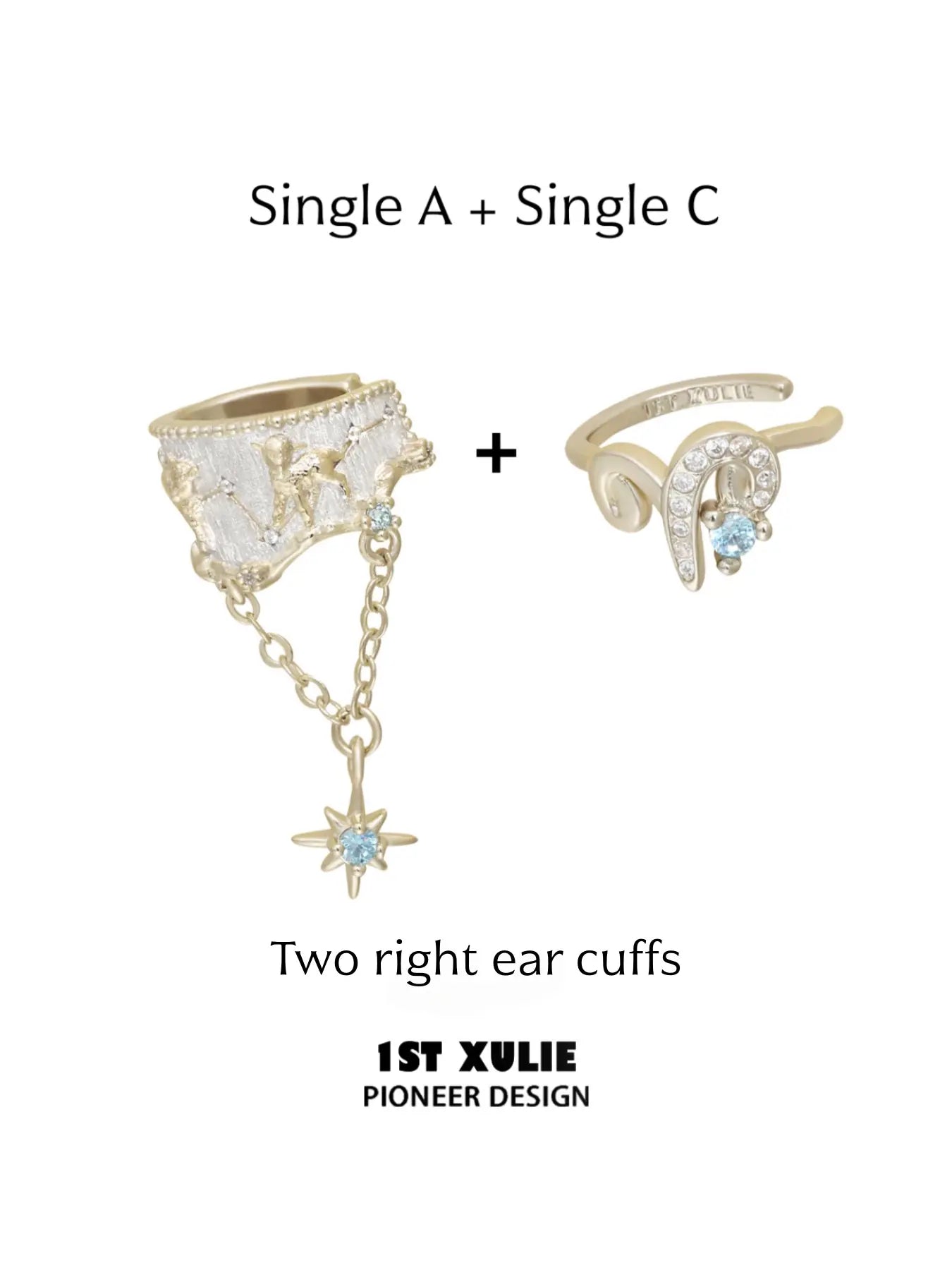 Two right-ear cuffs with ram motif and hanging star chain