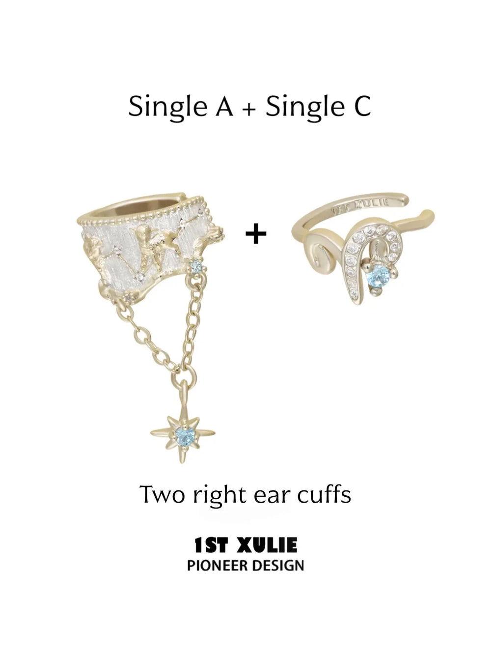 Two right-ear cuffs with ram motif and hanging star chain