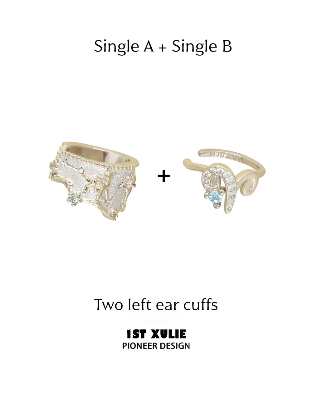 Two left-ear cuffs: one ram design and one openwork celestial cuff