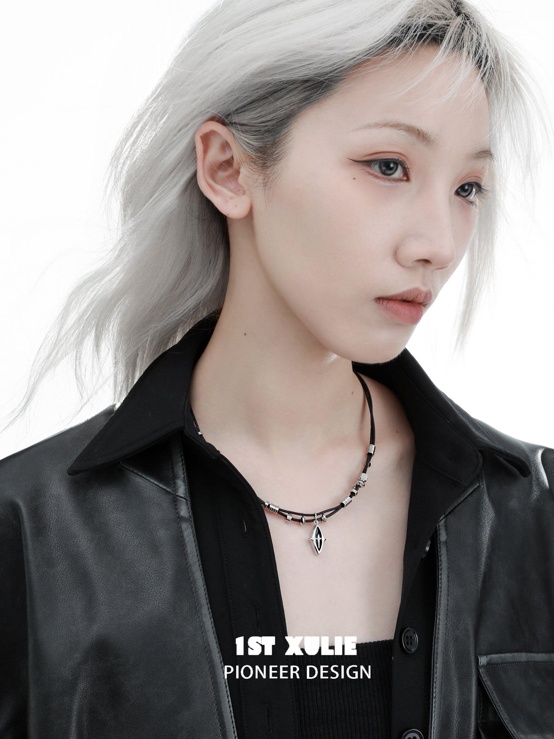 Black Mirror 18k Platinum Plated Leather Strap Necklace™ - 1ST XULIE