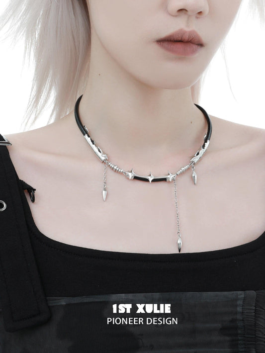 Black Mirror 18k Platinum Plated Pendant Cowhide Necklace Choker™ - 1ST XULIE