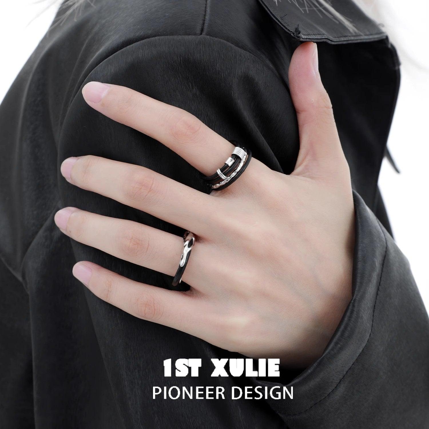 Black Mirror Cowhide Sterling S925 Silver Adjustable Ring™ - 1ST XULIE