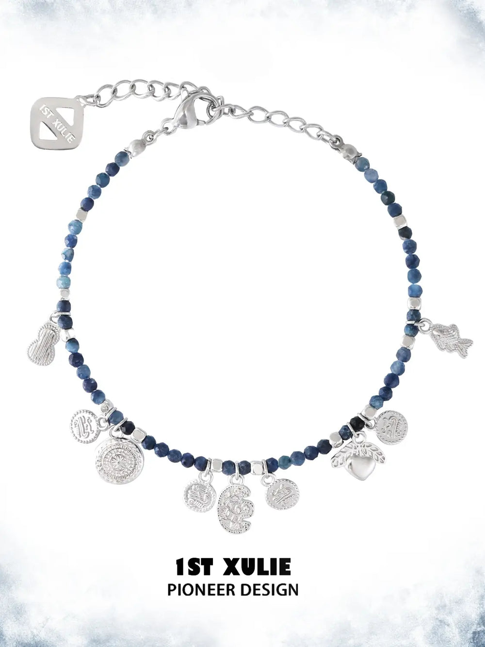 Blue beaded charm bracelet showing the ornamental details and overall silhouette