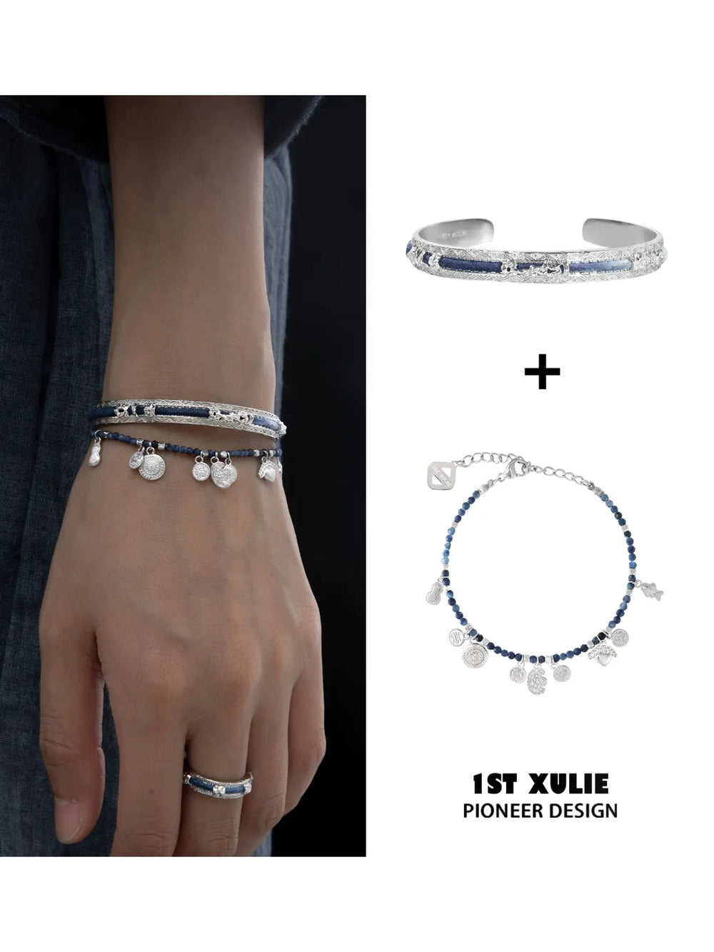 Beaded bracelet and bangle combination shown beside the matching wrist look