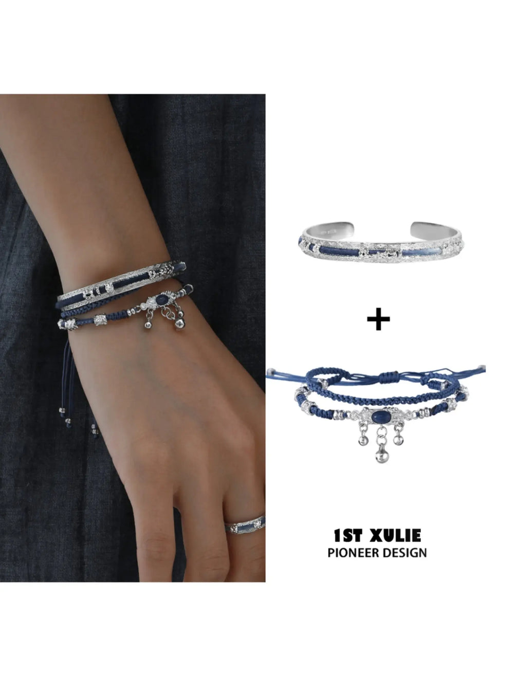 Bangle and tassel braided bracelet set shown beside a wrist styling photo