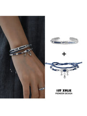Bangle and tassel braided bracelet set shown beside a wrist styling photo