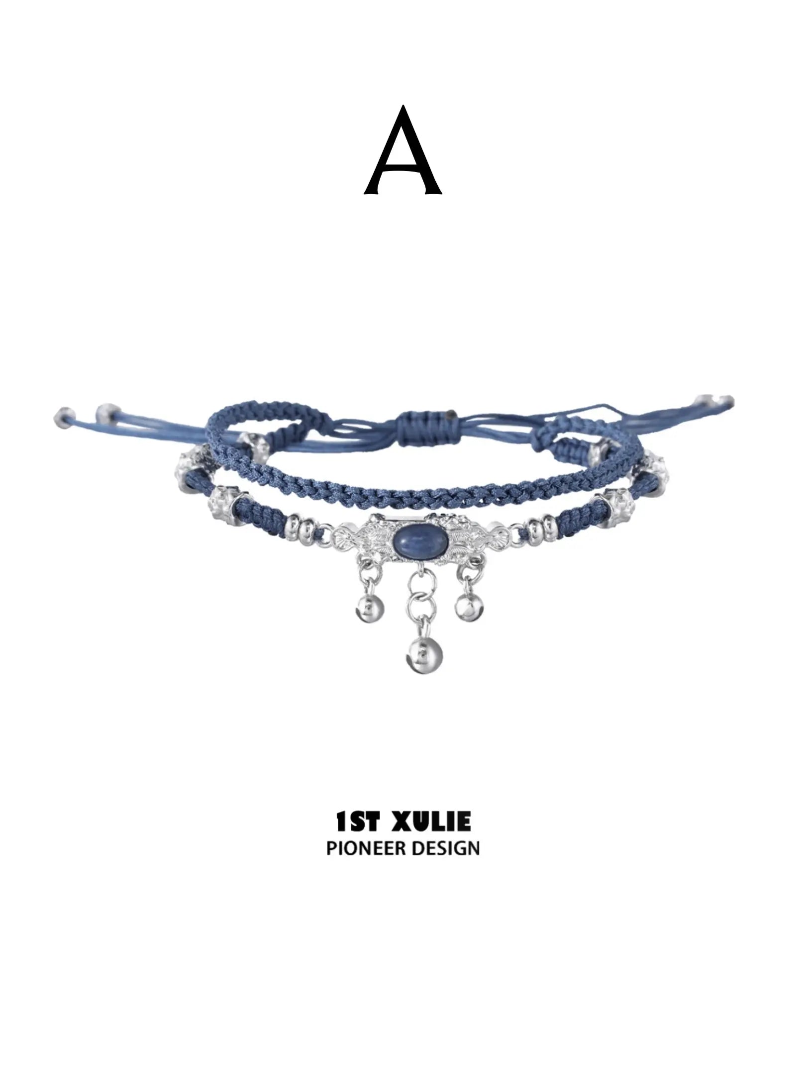 Style A blue braided bracelet with hanging silver-toned charms