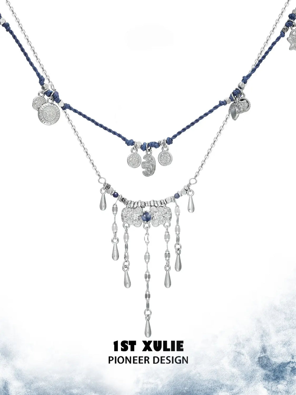 Blue cord and tassel layering necklaces showing the ornamental details and overall silhouette