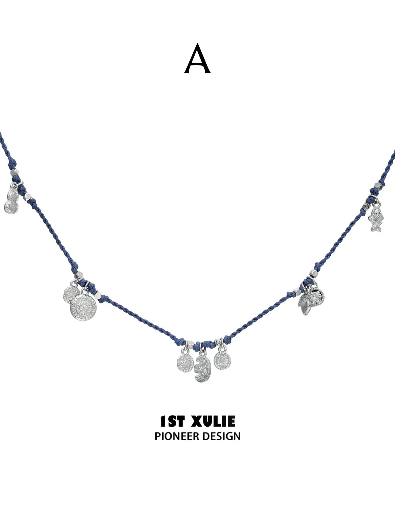 Style A blue cord necklace with round dangling charms
