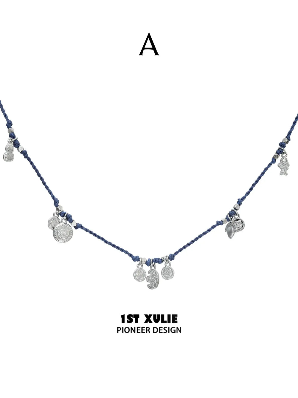Style A blue cord necklace with round dangling charms