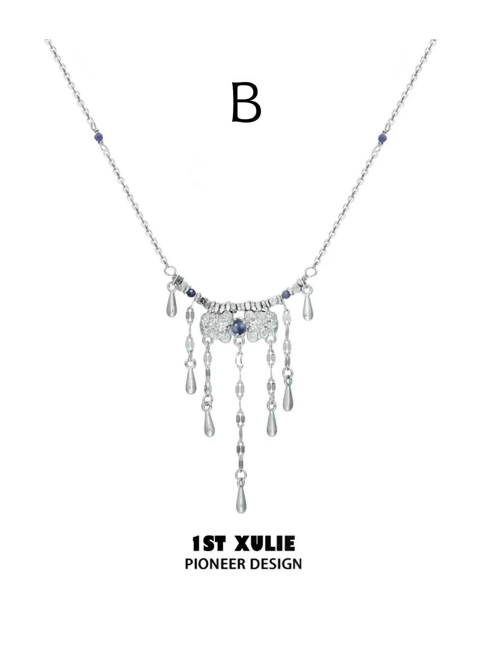 Style B fine-chain necklace with blue accents and hanging tassels