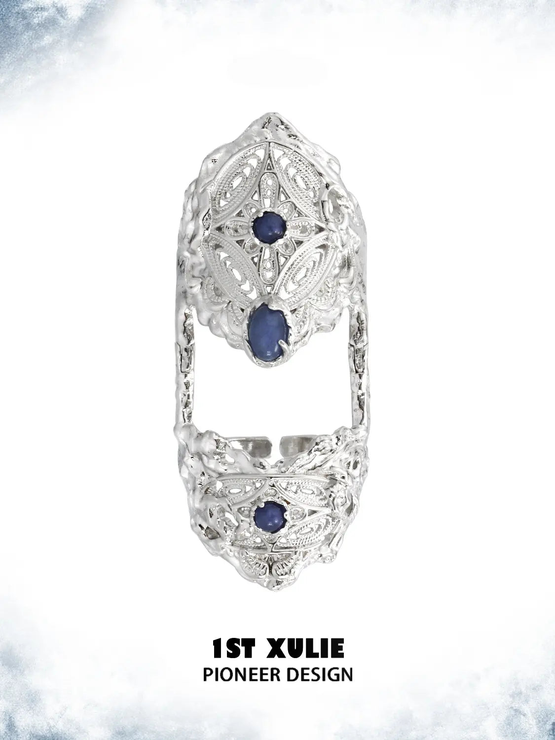 Blue stone articulated ring showing the ornamental details and overall silhouette