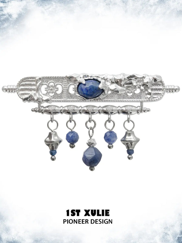 "MIAO" Platinum Plated Blue Stone Tassel Brooch