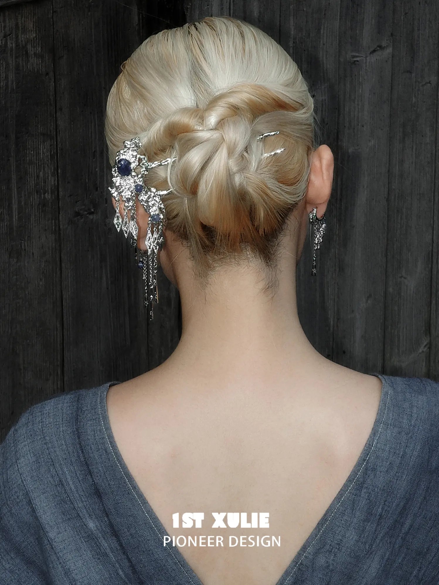 Back view of a pinned hairstyle with the dangling hair ornament