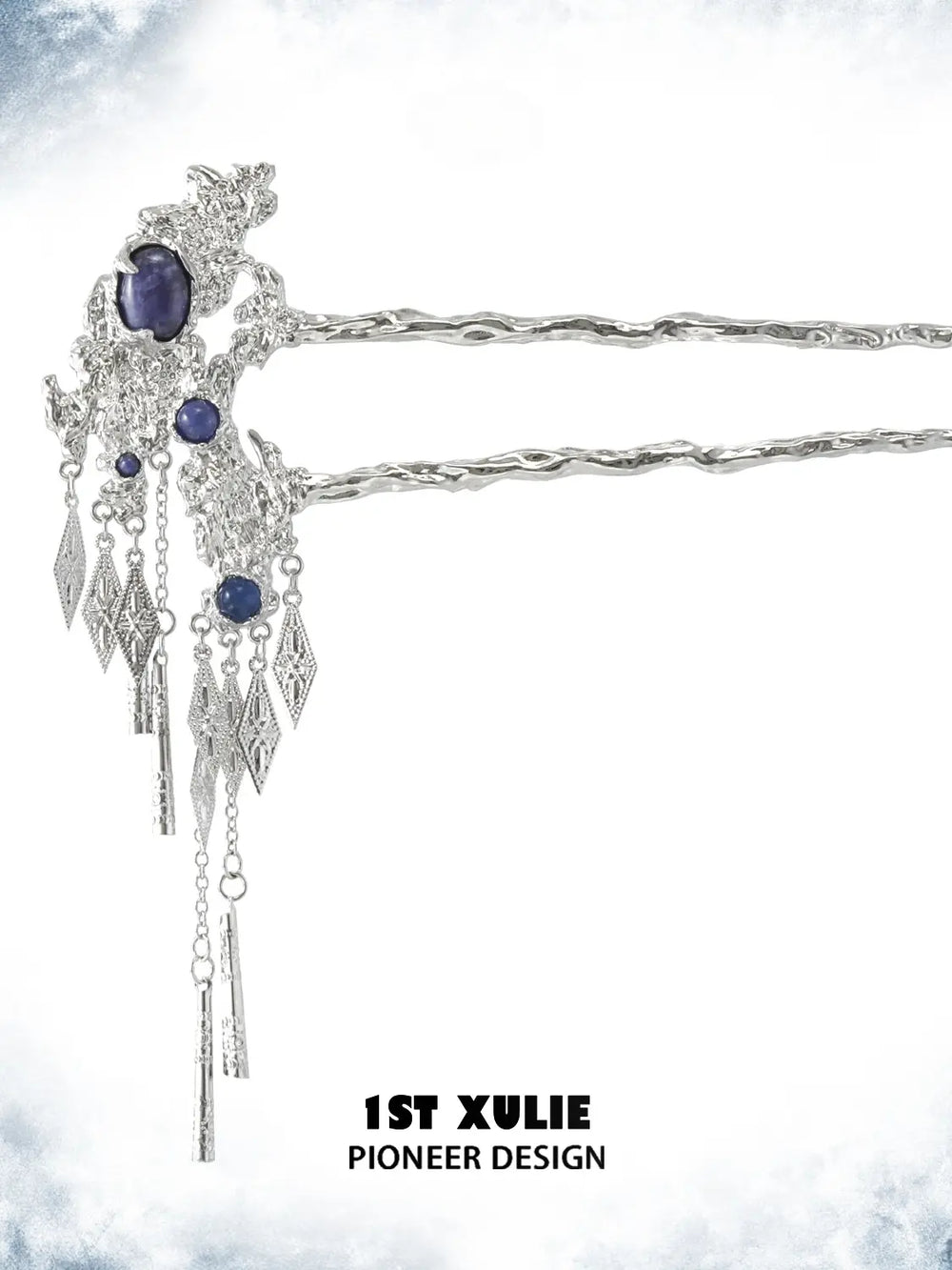 Ornate blue stone hair pin with its two prongs and chain drops visible