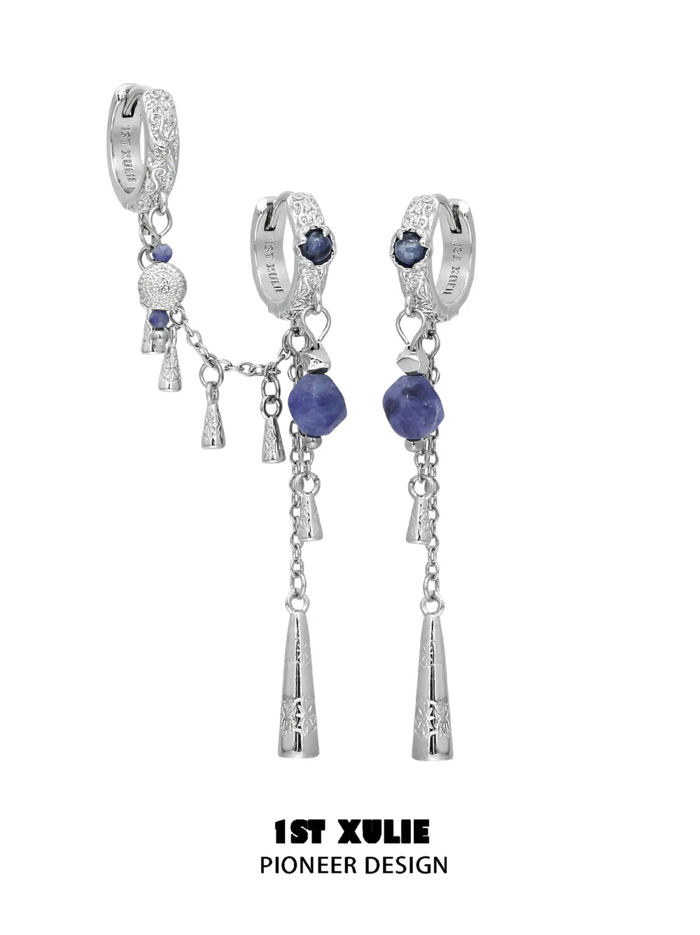 Asymmetrical blue stone tassel earrings, one with a linked double-hoop detail