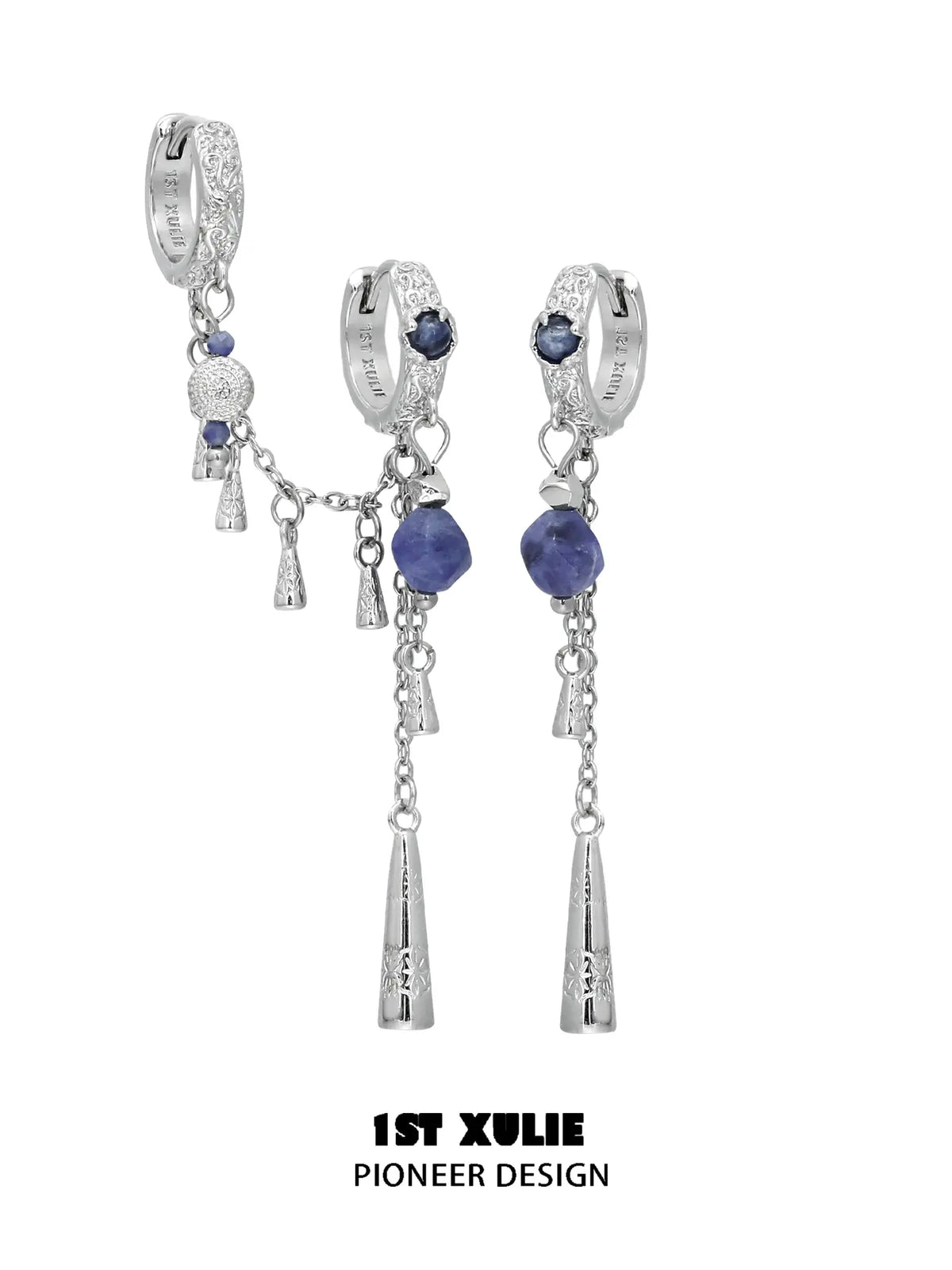 Asymmetrical blue stone tassel earrings, one with a linked double-hoop detail