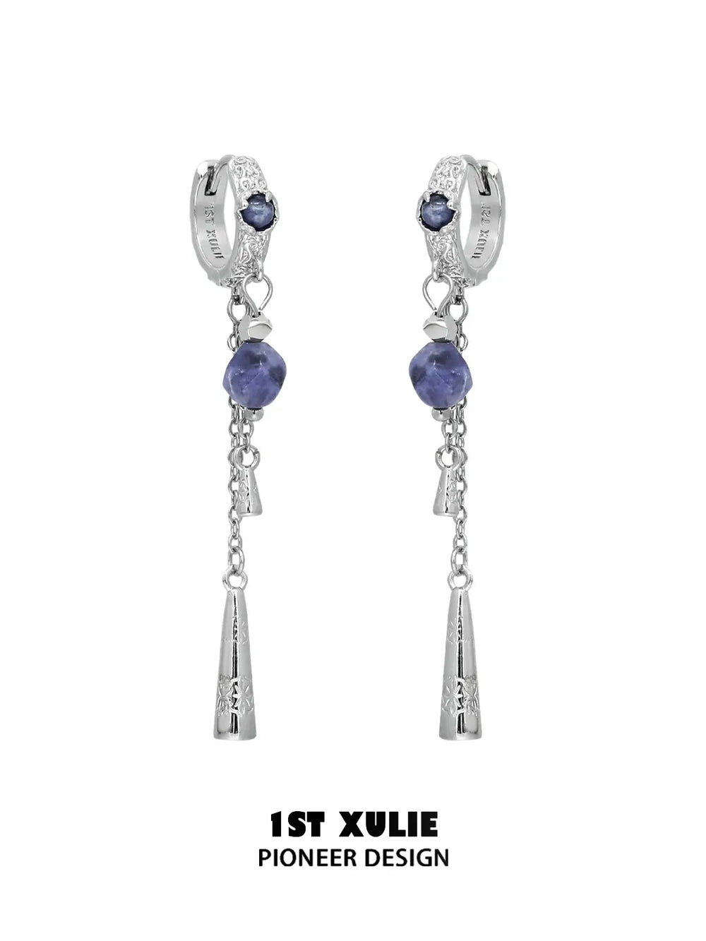 Matching blue stone hoop earrings with long slender tassels