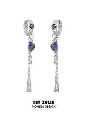Matching blue stone hoop earrings with long slender tassels