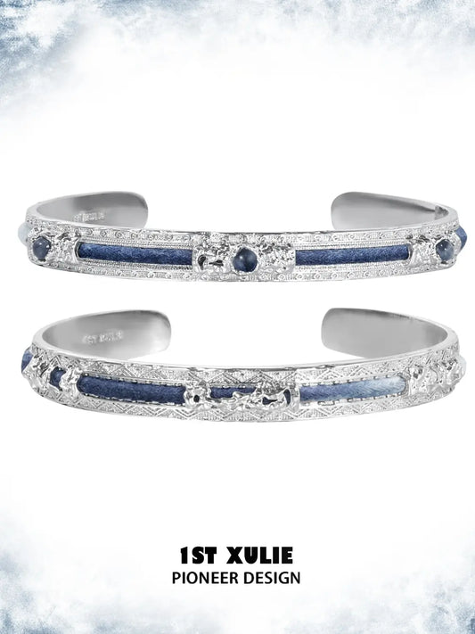 Blue woven open bangles showing the ornamental details and overall silhouette